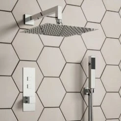 Bertie Concealed Thermostatic Push Button Shower Valve, 300mm Fixed Head & Shower Handset Kit - 180mm Ceiling Arm