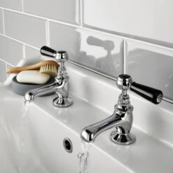 Hudson Reed Black Topaz Lever Basin Taps With Hexagonal Collars - Chrome/Black