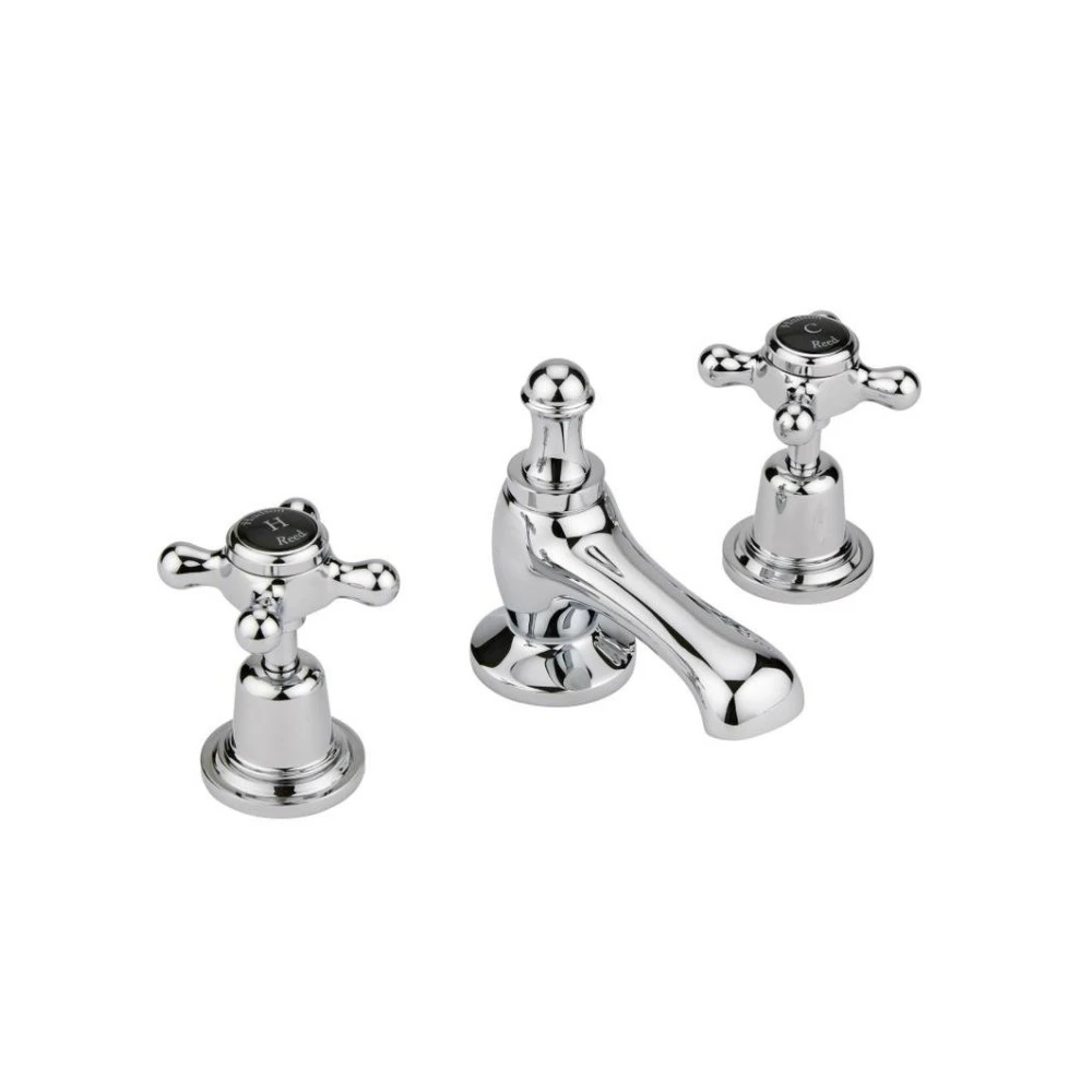 Hudson Reed Black Topaz Crosshead 3 Tap Hole Basin Mixer With Dome Collars - Chrome/Black 3 Hudson Reed Black Topaz Crosshead 3 Tap Hole Basin Mixer With Dome Collars - Chrome/Black