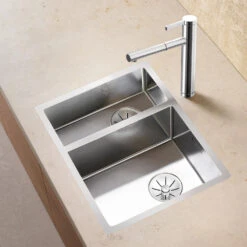 Blanco Claron 1.5 Bowl Satin Polish Stainless Steel Kitchen Sink & Waste With Right Hand Main Bowl - 585 X 440mm 10 Blanco Claron 1.5 Bowl Satin Polish Stainless Steel Kitchen Sink & Waste With Right Hand Main Bowl - 585 X 440mm -Vado Sale Store blanco 1 5 bowl inset stainless steel sink 585x440 lifestyle rh