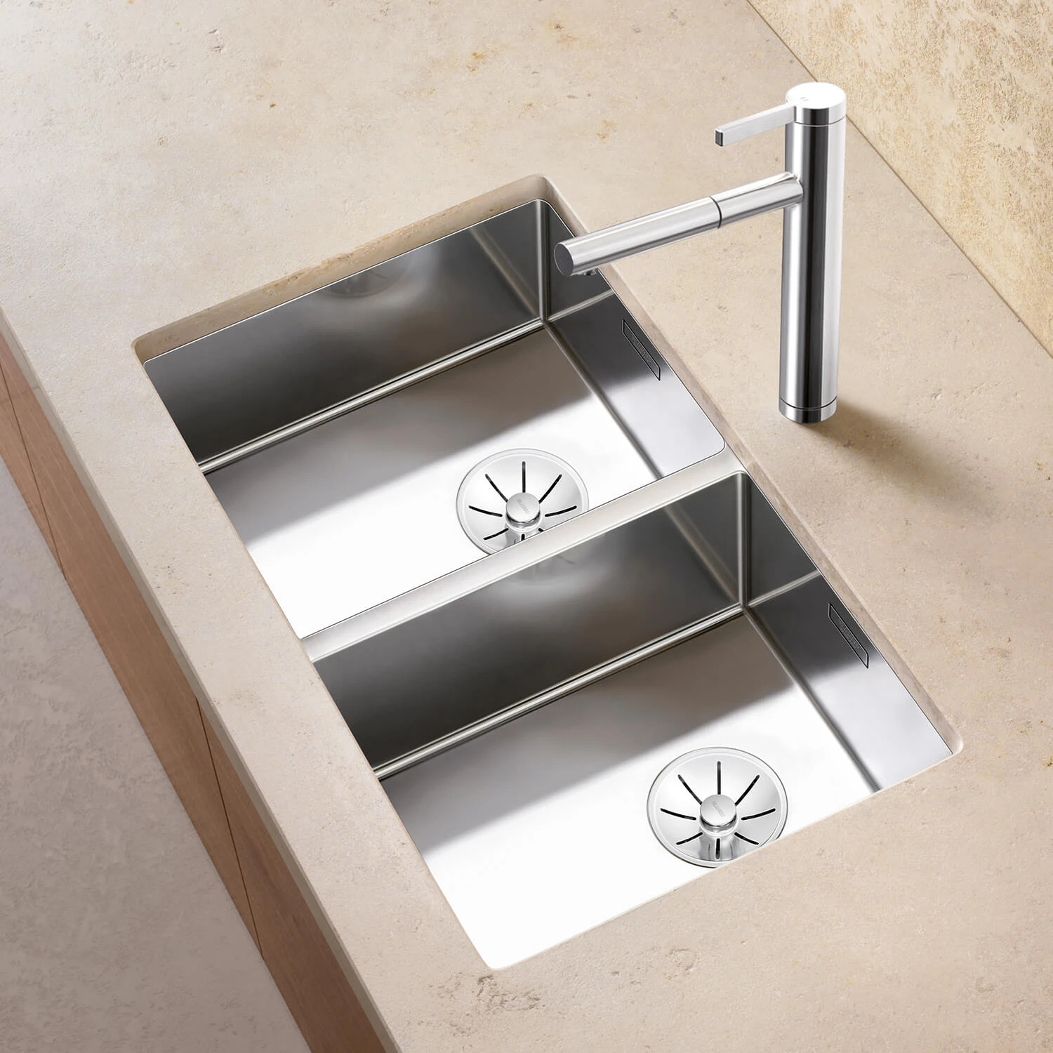 Blanco Claron Double Bowl Undermount Satin Polish Stainless Steel Kitchen Sink & Waste - 865 X 440mm 4 Blanco Claron Double Bowl Undermount Satin Polish Stainless Steel Kitchen Sink & Waste - 865 X 440mm - Image 2