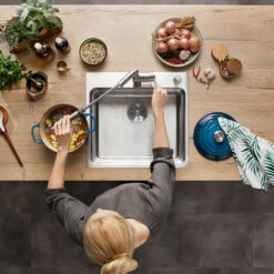 Blanco Etagon Large 1 Bowl Satin Polish Stainless Steel Kitchen Sink & Waste With Tap Ledge - 540 X 500mm -Vado Sale Store blanco etagon 500 ifa stainless steel sink lifestyle 2