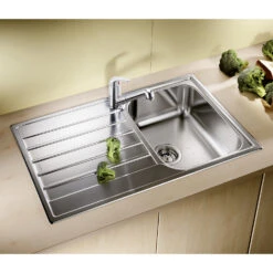 Blanco Livit 45 S Salto 1 Bowl Brushed Stainless Steel Kitchen Sink & Waste With Reversible Drainer - 860 X 500mm -Vado Sale Store blanco livit 45 s 1 bowl stainless steel sink lifestyle 2