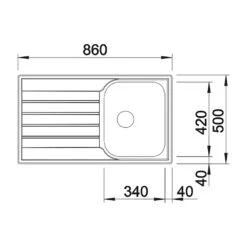 Blanco Livit 45 S Salto 1 Bowl Brushed Stainless Steel Kitchen Sink & Waste With Reversible Drainer - 860 X 500mm -Vado Sale Store blanco livit 45 s 1 bowl stainless steel sink tech drawing