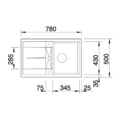 Blanco Metra 45 S Ultra Compact 1 Bowl Inset Black Silgranit Composite Kitchen Sink & Waste With Reversible Drainer - 780 X 500mm -Vado Sale Store blanco metra 45 s silgranit sink 780x500 tech drawing