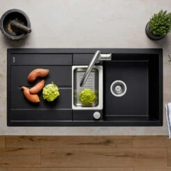 Blanco Metra 6 S 1.5 Bowl Inset Rock Grey Silgranit Composite Kitchen Sink & Waste With Reversible Drainer - 1000 X 500mm 29 Blanco Metra 6 S 1.5 Bowl Inset Rock Grey Silgranit Composite Kitchen Sink & Waste With Reversible Drainer - 1000 X 500mm -Vado Sale Store blanco metra 6 s silgranit black sink 1000x500 lifestyle 2