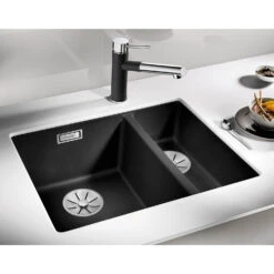 Blanco Subline 1.5 Bowl Undermount Black Silgranit Composite Kitchen Sink & Waste With Right Hand Main Bowl - 555 X 460mm -Vado Sale Store blanco subline 1 5 bowl black silgranit sink 555x460mm lh lifestyle