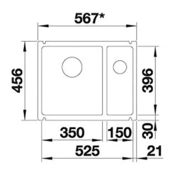 Blanco Subline 1.5 Bowl Undermount Black Ceramic Kitchen Sink & Waste - 567 X 456mm -Vado Sale Store blanco subline 1 5 bowl ceramic sink 567x456mm tech drawing
