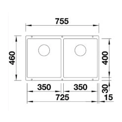 Blanco Subline 2 Bowl Undermount Coffee Silgranit Composite Kitchen Sink & Waste - 755 X 460mm -Vado Sale Store blanco subline 2 bowl silgranit sink 755x460mm tech drawing