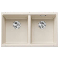 Blanco Subline 2 Bowl Undermount Coffee Silgranit Composite Kitchen Sink & Waste - 755 X 460mm -Vado Sale Store blanco subline 2 bowl undermount sink 755x460 soft white