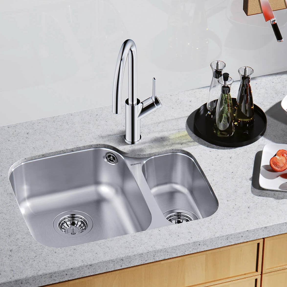 Blanco Supreme 1.5 Bowl Undermount Brushed Stainless Steel Kitchen Sink & Waste With Left Hand Main Bowl - 600 X 460mm 4 Blanco Supreme 1.5 Bowl Undermount Brushed Stainless Steel Kitchen Sink & Waste With Left Hand Main Bowl - 600 X 460mm - Image 2
