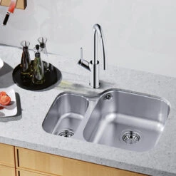 Blanco Supreme 1.5 Bowl Undermount Brushed Stainless Steel Kitchen Sink & Waste With Left Hand Main Bowl - 600 X 460mm 10 Blanco Supreme 1.5 Bowl Undermount Brushed Stainless Steel Kitchen Sink & Waste With Left Hand Main Bowl - 600 X 460mm -Vado Sale Store blanco supreme 1 5 bowl steel sink rh lifestyle