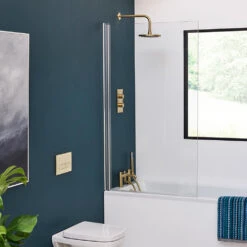 Britton Bathrooms Hoxton Bath Shower Mixer Tap - Brushed Brass -Vado Sale Store britton bathrooms hoxton brushed brass rain shower head wall mounted arm lifestyle