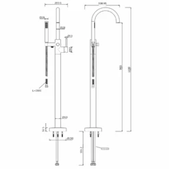 Britton Bathrooms Hoxton Floorstanding Bath Shower Mixer Tap - Brushed Brass -Vado Sale Store britton bathrooms hoxton floorstanding bath shower mixer technical drawing 1
