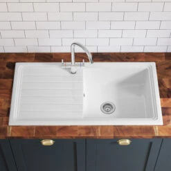 Butler & Rose 1 Bowl White Ceramic Kitchen Sink & Waste Kit With Reversible Drainer - 1010 X 525mm