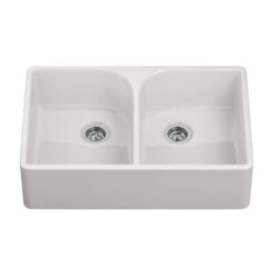 Butler & Rose Fireclay Ceramic White Double Belfast Kitchen Sink, Tap & Waste -Vado Sale Store butler and rose double belfast sink cutout2 1
