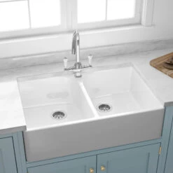 Butler & Rose Ceramic Fireclay Double Belfast Kitchen Sink & Waste - 795 X 500mm -Vado Sale Store butler and rose double belfast sink lifestyle11