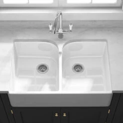 Butler & Rose Fireclay Ceramic White Double Belfast Kitchen Sink, Tap & Waste -Vado Sale Store butler and rose double belfast sink lifestyle8