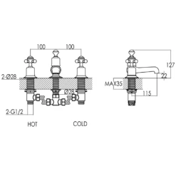 Butler & Rose Caledonia Crosshead 3 Hole Long Nose Basin Mixer - Nickel 13 Butler & Rose Caledonia Crosshead 3 Hole Long Nose Basin Mixer - Nickel -Vado Sale Store butler rose caledonia 3 hole deck basin tap tech