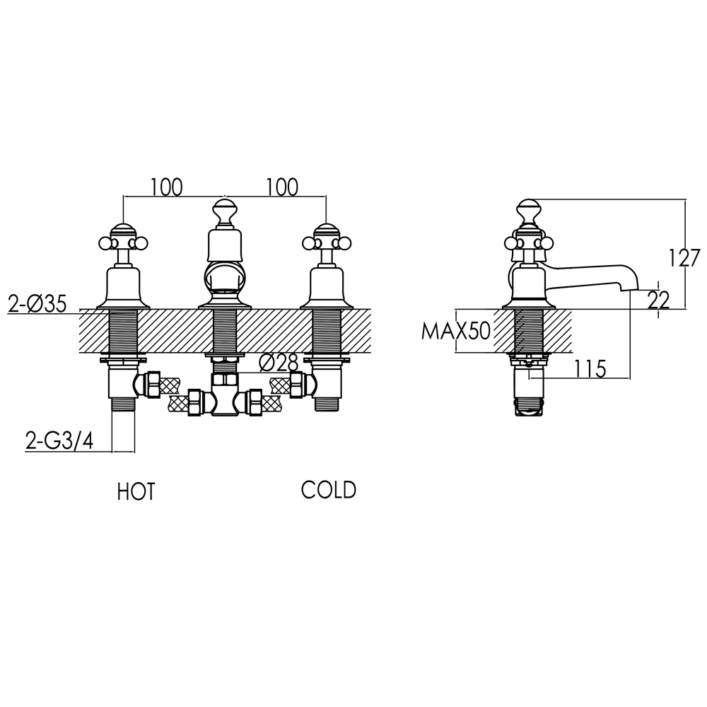 Butler & Rose Caledonia Crosshead 3 Hole Bath Filler - Chrome 5 Butler & Rose Caledonia Crosshead 3 Hole Bath Filler - Chrome - Image 3