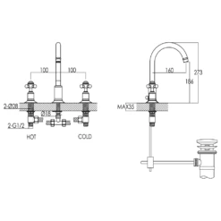 Butler & Rose Caledonia Crosshead 3 Hole Basin Mixer Tap & Waste -Vado Sale Store butler rose caledonia cross 3 hole basin tap tech