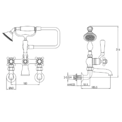 Butler & Rose Caledonia Crosshead Wall Mounted Bath Shower Mixer With Handset Kit - Chrome -Vado Sale Store butler rose caledonia cross bath shower tap tech