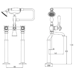 Butler & Rose Caledonia Pinch Floorstanding Bath Shower Mixer With Shower Kit - Chrome -Vado Sale Store butler rose caledonia pinch bath shower mixer tech