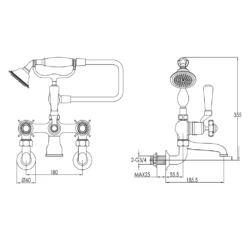 Butler & Rose Caledonia Pinch Wall Mounted Bath Mixer With Shower Kit - Nickel -Vado Sale Store butler rose caledonia pinch bath shower tap tech