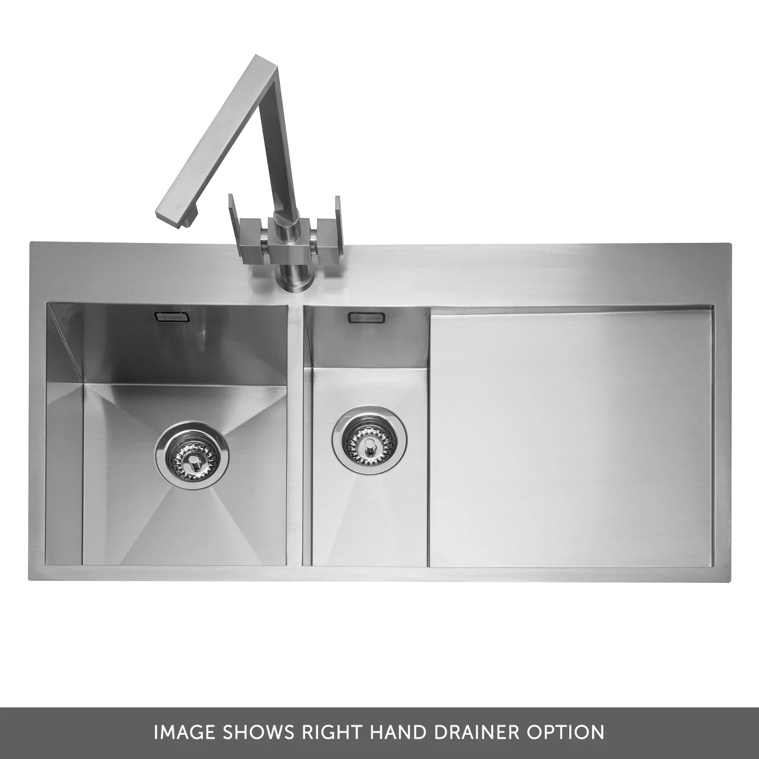 Caple Cubit 1.5 Bowl Satin Stainless Steel Sink & Waste Kit With Right Hand Drainer - 1000 X 520mm 3 Caple Cubit 1.5 Bowl Satin Stainless Steel Sink & Waste Kit With Right Hand Drainer - 1000 X 520mm