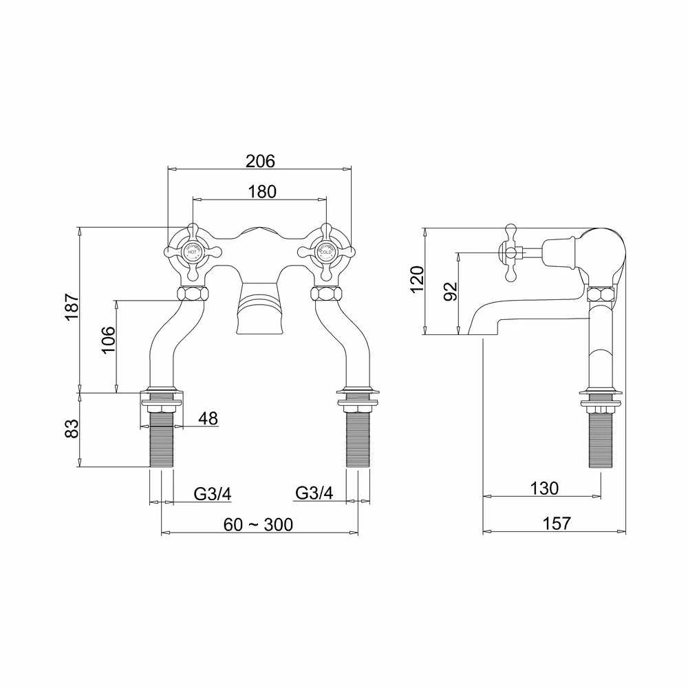 Burlington Claremont Deck Mounted Bath Filler Tap With Straight Valves 4 Burlington Claremont Deck Mounted Bath Filler Tap With Straight Valves - Image 2