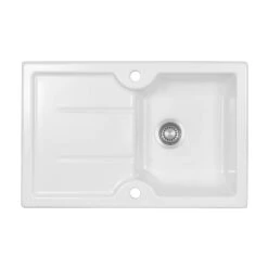 Thomas Denby Harmony Compact 1 Bowl Gloss White Ceramic Kitchen Sink & Artisan Brass Presto Automatic Waste With Reversible Drainer - 780 X 500mm