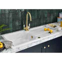 Thomas Denby Harmony XL 1 Bowl Basalt Satin Ceramic Kitchen Sink & Matt Black Presto Automatic Waste With Reversible Drainer - 1000 X 500mm -Vado Sale Store clearwater harmony xl white ceramic sink lifestyle 2