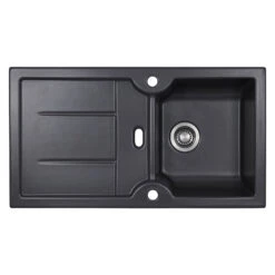 Thomas Denby Harmony XW 1 Bowl Black Satin Ceramic Kitchen Sink & Artisan Brass Presto Automatic Waste With Reversible Drainer - 915 X 500mm -Vado Sale Store clearwater harmony xw basalt ceramic sink cutout