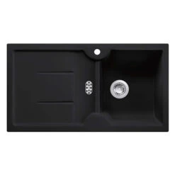 Thomas Denby Harmony XW 1 Bowl Black Satin Ceramic Kitchen Sink & Artisan Brass Presto Automatic Waste With Reversible Drainer - 915 X 500mm -Vado Sale Store clearwater harmony xw black ceramic sink cutout