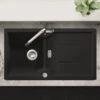 Thomas Denby Harmony XW 1 Bowl Black Satin Ceramic Kitchen Sink & Artisan Brass Presto Automatic Waste With Reversible Drainer - 915 X 500mm