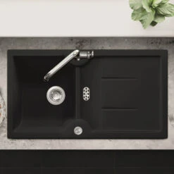 Thomas Denby Harmony XW 1 Bowl Black Satin Ceramic Kitchen Sink & Artisan Brass Presto Automatic Waste With Reversible Drainer - 915 X 500mm