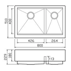 Clearwater Infinity Smart Butler 1.5 Bowl Brushed Stainless Steel Kitchen Sink & Waste - 800 X 510mm 13 Clearwater Infinity Smart Butler 1.5 Bowl Brushed Stainless Steel Kitchen Sink & Waste - 800 X 510mm -Vado Sale Store clearwater infinity smart stainless steel belfast sink tech drawing ins003