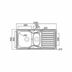 Clearwater Okio 1.5 Bowl Satin Stainless Steel Sink & Waste With Reversible Drainer - 1000 X 500mm -Vado Sale Store clearwater okio 1.5 bowl kitchen sink technical drawing