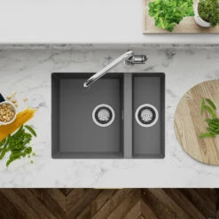 Clearwater Siena 1.5 Bowl Poppy Granite Composite Inset Or Undermount Kitchen Sink & Artisan Brass Waste - 555 X 460mm -Vado Sale Store clearwater siena 1 5 bowl croma sink lifestyle 1 v2