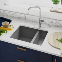 Clearwater Siena 1.5 Bowl Poppy Granite Composite Inset Or Undermount Kitchen Sink & Artisan Brass Waste - 555 X 460mm -Vado Sale Store clearwater siena 1 5 bowl croma sink lifestyle 2