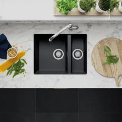 Clearwater Siena 1.5 Bowl Poppy Granite Composite Inset Or Undermount Kitchen Sink & Artisan Brass Waste - 555 X 460mm -Vado Sale Store clearwater siena 1 5 bowl onyx sink lifestyle 1 v2