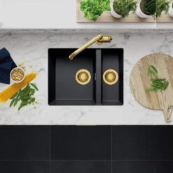 Clearwater Siena 1.5 Bowl Poppy Granite Composite Inset Or Undermount Kitchen Sink & Artisan Brass Waste - 555 X 460mm