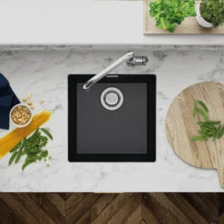 Clearwater Siena 1 Bowl Mocha Granite Composite Inset Or Undermount Kitchen Sink & Matt Black Waste - 430 X 460mm -Vado Sale Store clearwater siena 400 onyx sink lifestyle