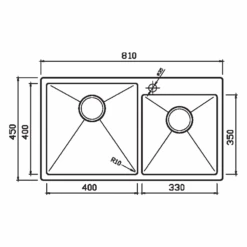 Clearwater Urban 1.75 Bowl Brushed Stainless Steel Kitchen Sink & Waste Kit - 810 X 450mm -Vado Sale Store clearwater urban 810 stainless steel kitchen sink technical drawing