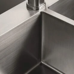 Clearwater Urban 1.75 Bowl Brushed Stainless Steel Kitchen Sink & Waste Kit - 810 X 450mm -Vado Sale Store clearwater urban stainless steel finish close up 1
