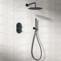 Vellamo Matt Black Twist Shower Package With 2 Outlet Valve, Fixed Head & Arm And Wall Shower Kit