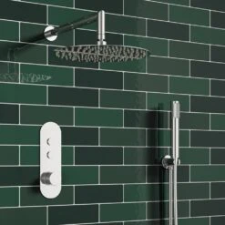 Corinne Concealed Thermostatic Push Button Shower Valve, 400mm Fixed Head & Shower Handset Kit - 150mm Ceiling Arm