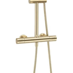 Crosswater Central Thermostatic Exposed Shower Kit With Height Adjustable Rigid Riser - Brushed Brass -Vado Sale Store crosswater central exposed shower kit brushed brass close up