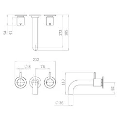 Crosswater MPRO 3 Hole Wall Mounted Bath Filler Tap - Slate 23 Crosswater MPRO 3 Hole Wall Mounted Bath Filler Tap - Slate -Vado Sale Store crosswater mpro 3 hole wall mounted bath filler tech drawing