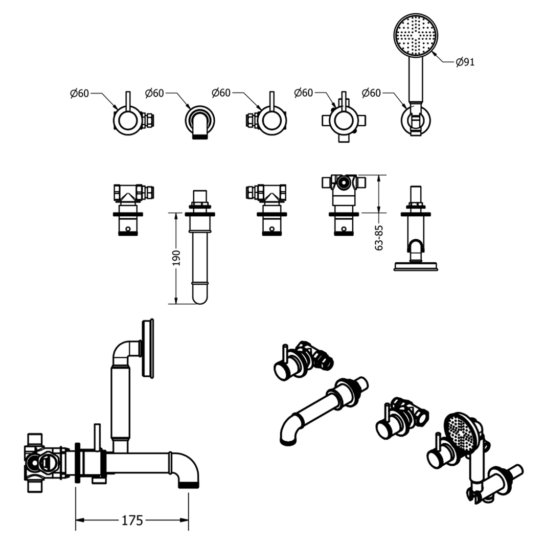 Crosswater MPRO Industrial 5 Hole Wall Mounted Bath Filler Tap With Spout & Handset - Chrome 5 Crosswater MPRO Industrial 5 Hole Wall Mounted Bath Filler Tap With Spout & Handset - Chrome - Image 3